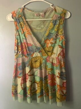 Floral V-Neck Sleeveless Tunic Top - Mint, Yellow, Pink